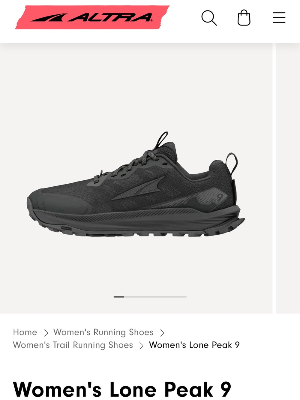 Altra Women's Lone Peak 9 Trail Shoe - Black | 6.5 Wide